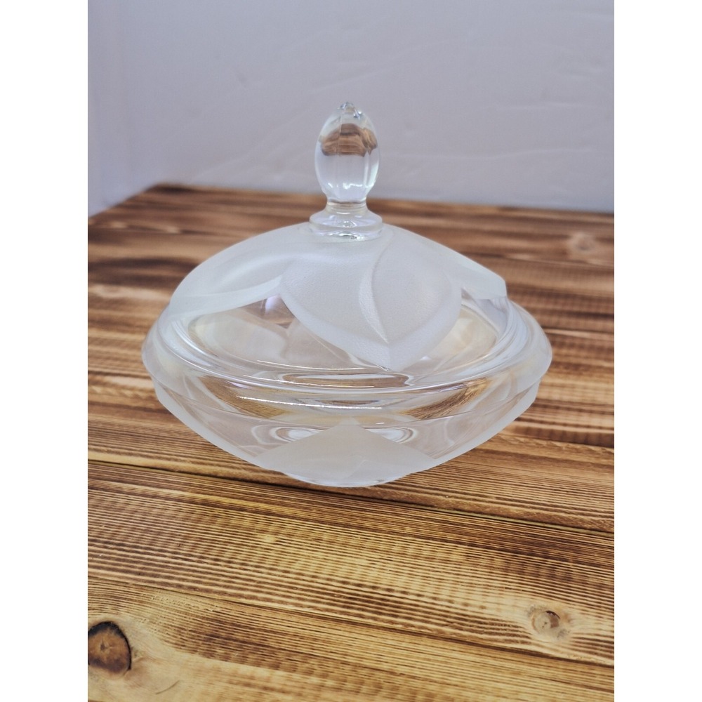 Vintage French Crystal JG Durand Cristal Lidded Candy Trinket Dish Frosted Leave